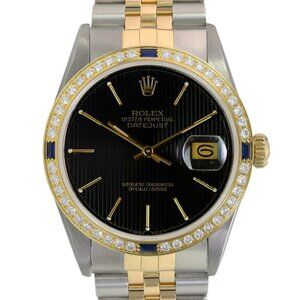 ROLEX DATEJUST BLACK TAPESTRY INDEX DIAL DIAMOND-SAPPHIRE JUBILEE TWO-TONE 16233